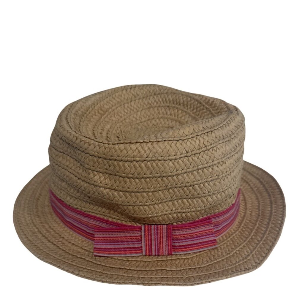 Target Brand Womens Sun Hat Beige Straw Pink Ribbon Trim Fedora Beachy Cottage